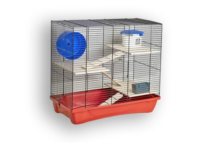 H12 Hamster cage with wood accessories - 58 x 32 x 54 cm/Black & Red